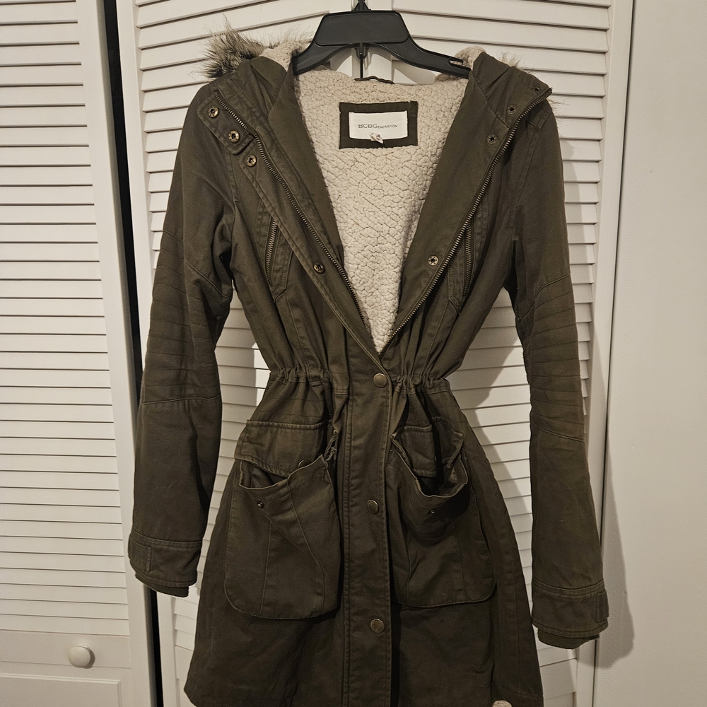 BCBGeneration Women's Olive Utility Jacket with Faux Fur Trim